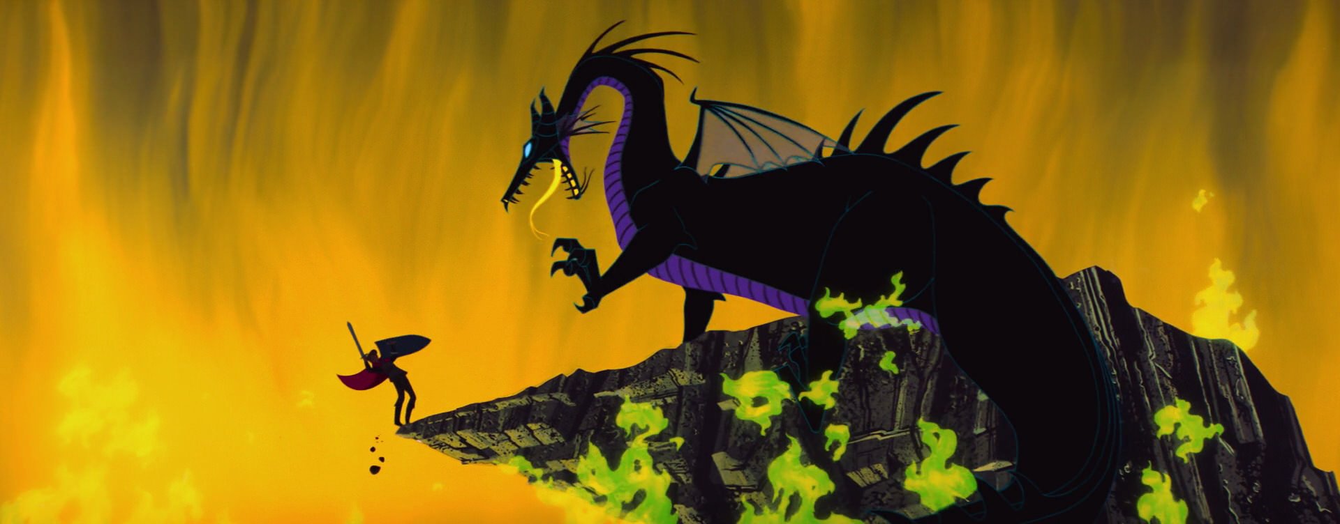 Luta entre príncipe Philip e Malévola como dragão em 'A Bela Adormecida' (1959)